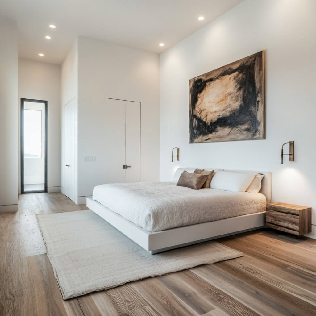 Modern Platform Bedroom with soft lighting and floating storage